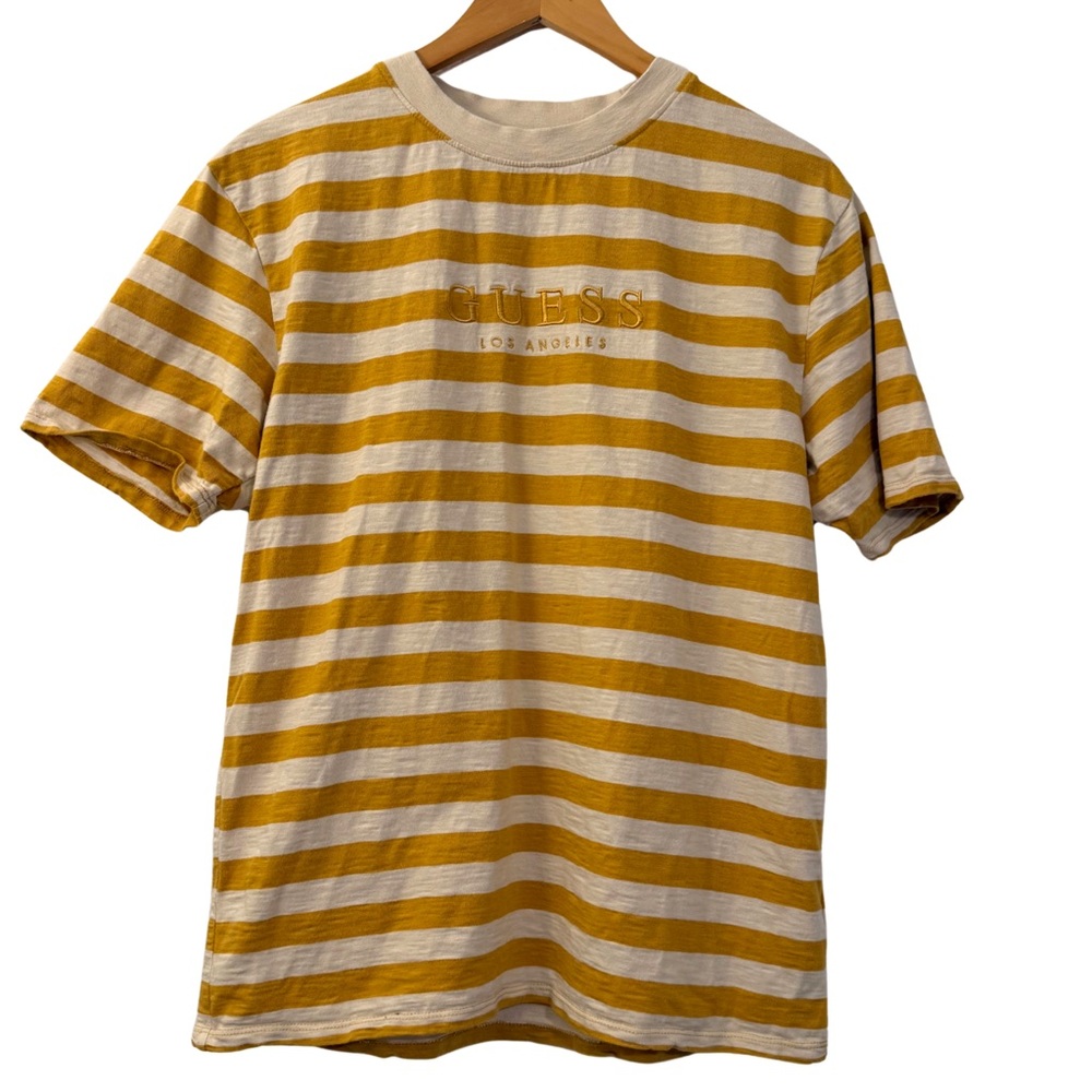 Y2K Guess Originals Striped Logo T-Shirt, Size Small, Yellow & Cream Retro Prep